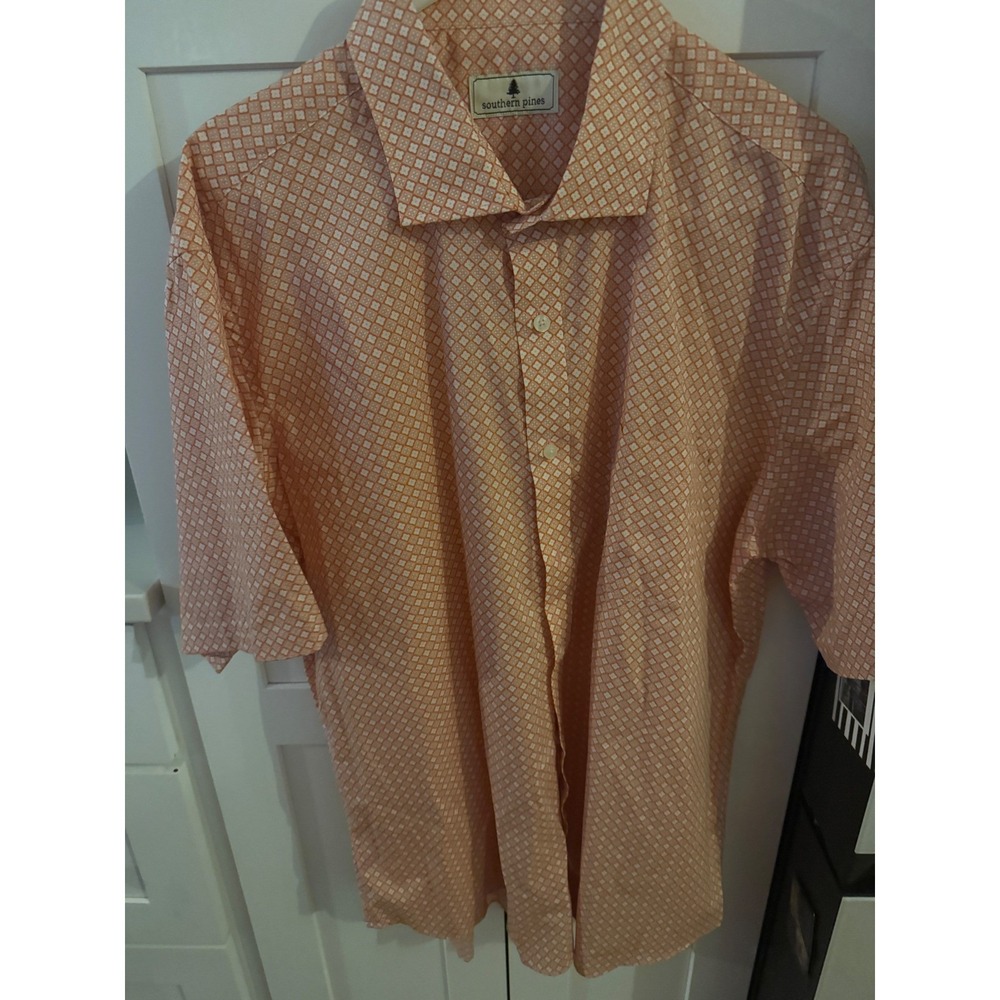 Southern Pines Mens XXL Orange Geometric Floral Print Cotton Short Sleeve Shirt